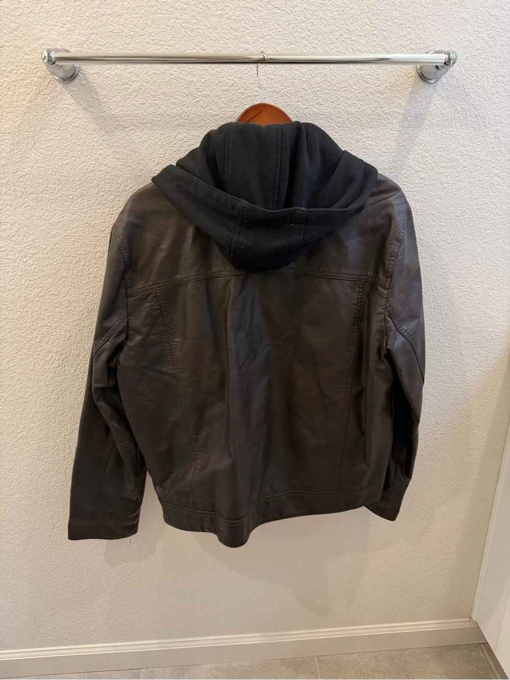 Calvin Klein Brown Leather Bomber Jacket with Black Quilted Hooded Liner